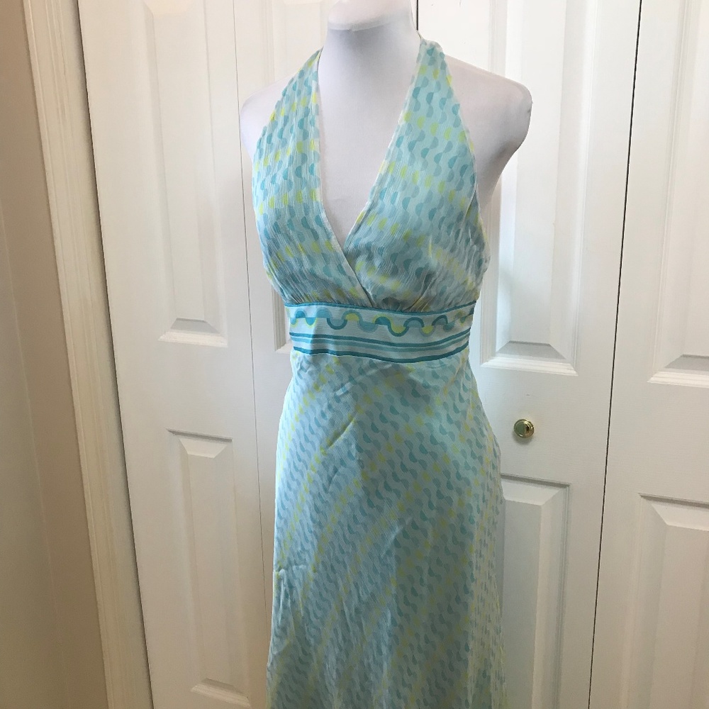 Laundry Shelli Segal Bias Halter Dress Teal Yellow - Picture 4 of 7